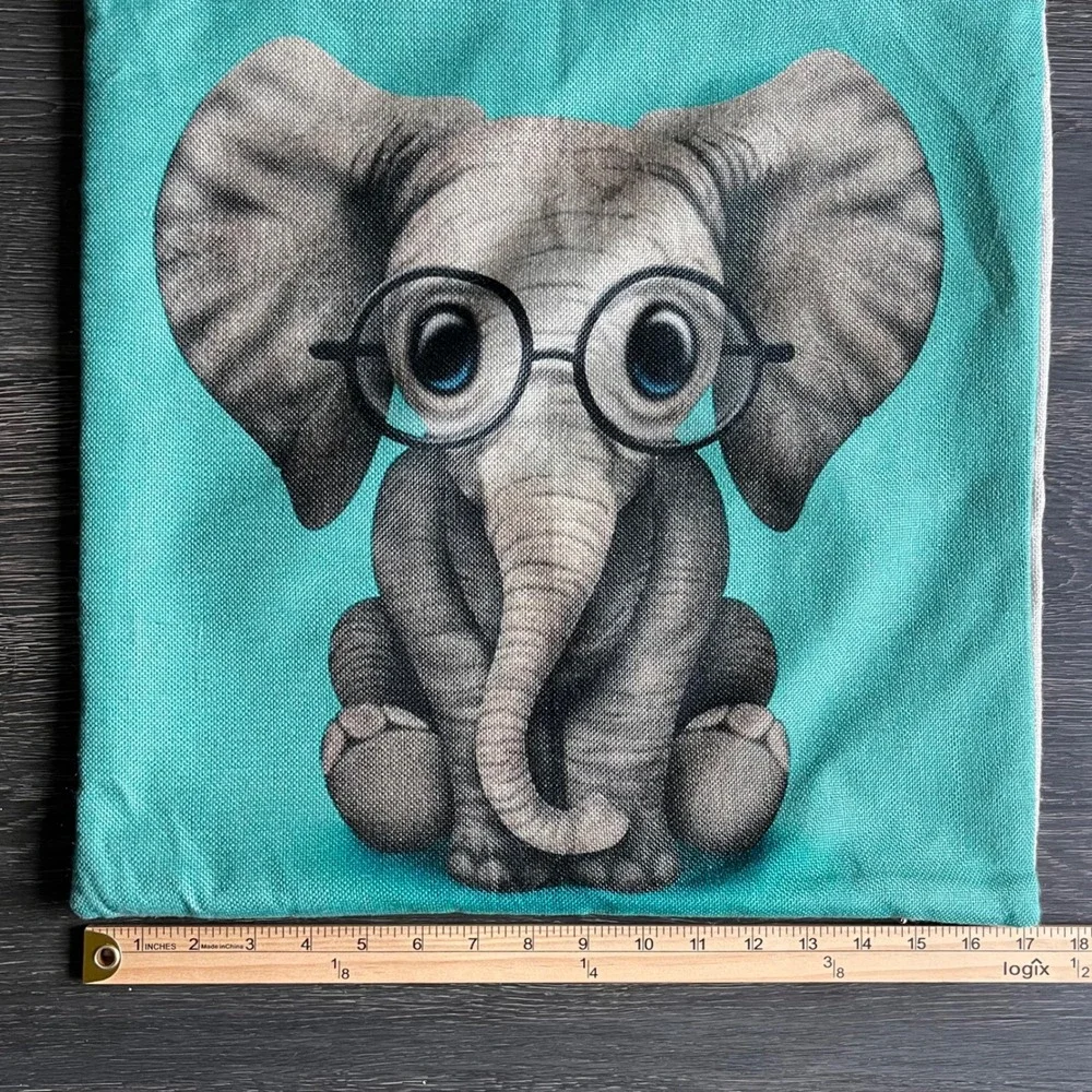 Baby Elephant with Glasses Teal Throw Pillow‎ Cover Square Linen Blend Whimsical